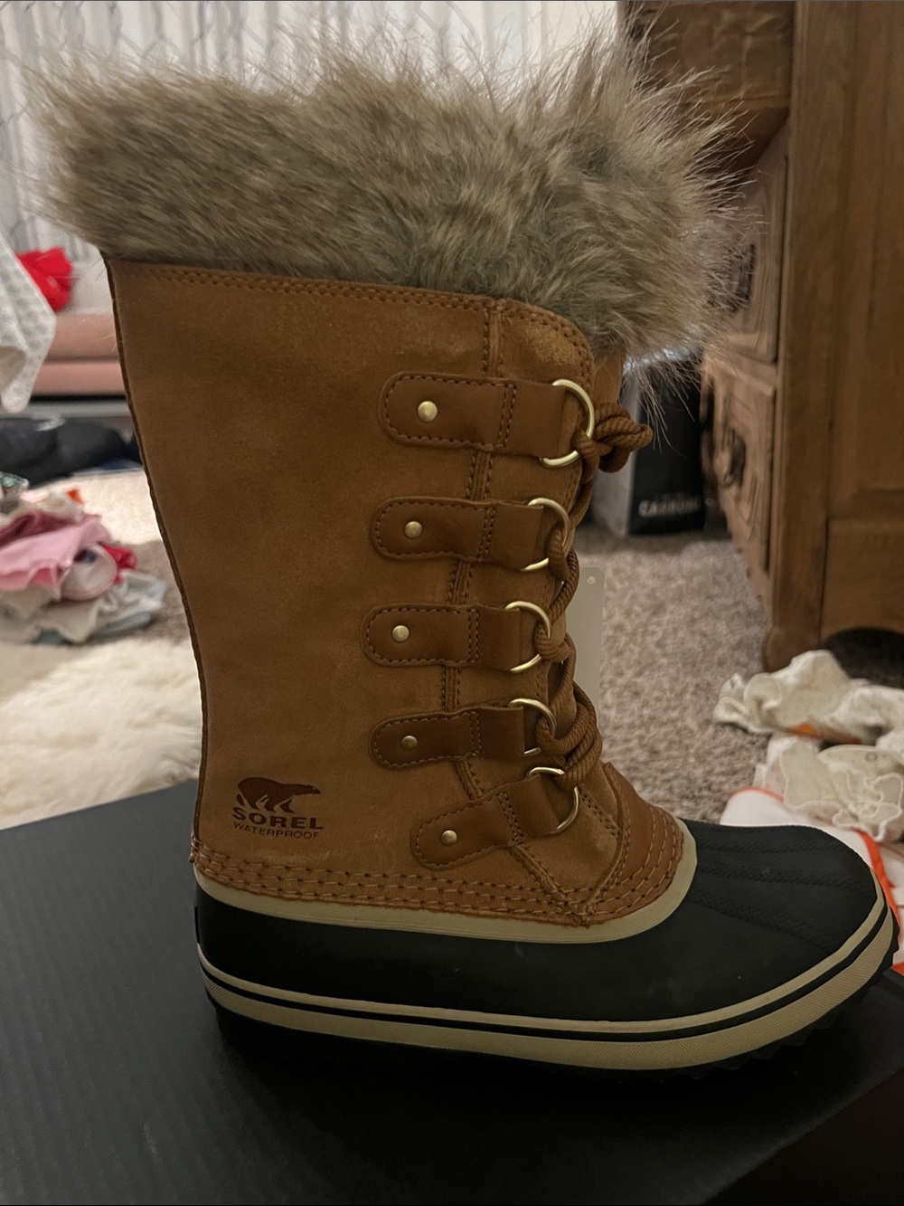 Sorel ladies Waterproof Brown Suede Lace-Up Boot with Faux Fur Collar